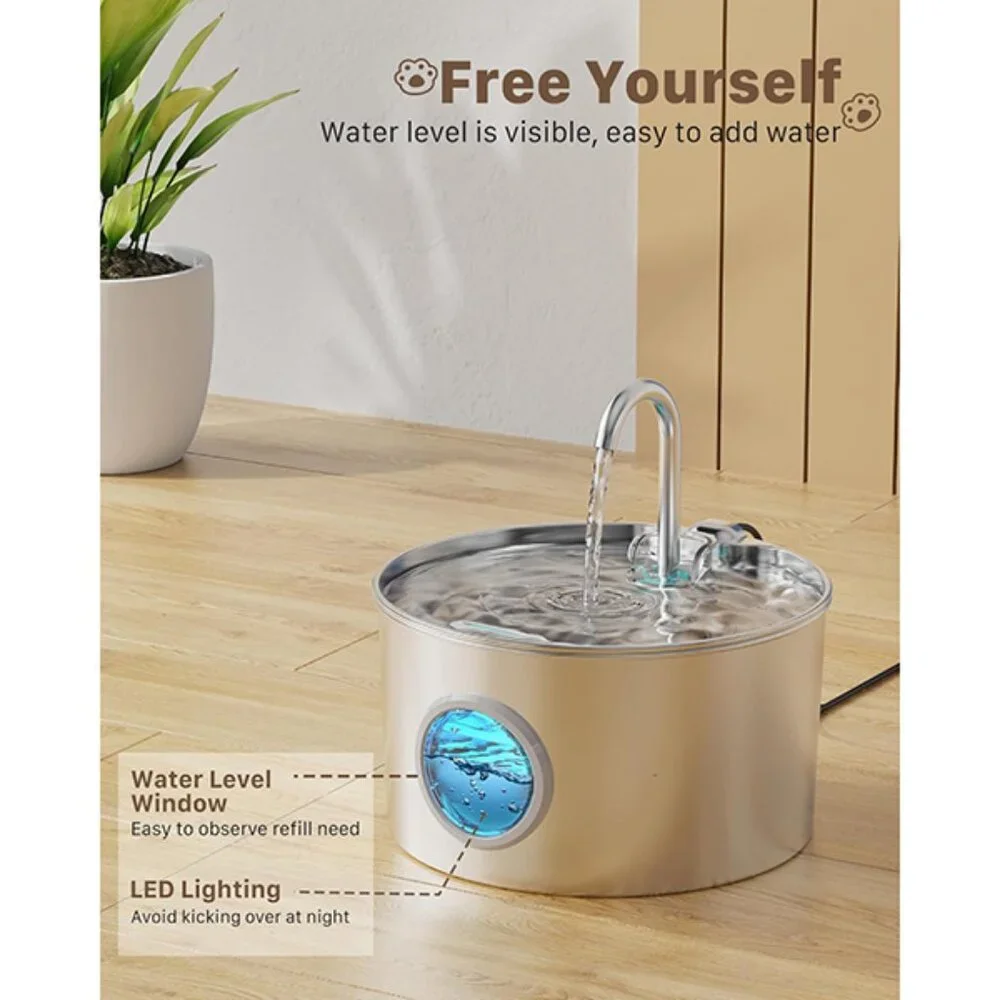 New Stainless Steel Cat Water Fountain 74oz Quiet Dispenser for Pets